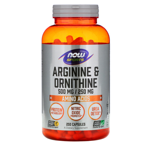 Now Foods Sports Arginine & Ornithine (Аргинин & Орнитин) 500/250 мг. 250 капсул