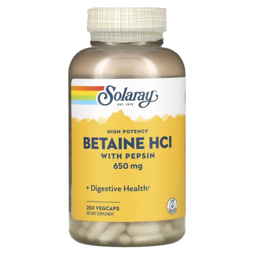 Solaray High Potency Betaine HCl with Pepsin (Высокоэффективный бетаин гидрохлорид с пепсином) 650 мг. 250 растительных капсул