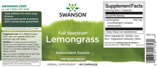 Lemongrass 400 mg Full Spectrum (Лемонграсс 400 мг) 60 капсул (Swanson) фото 2