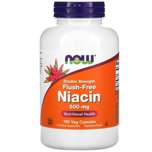 Now Foods Flush-Free Niacin Double Strength (Ниацин не вызывающий покраснений двойной силы, Витамин B3) 500 мг. 180 растительных капсул