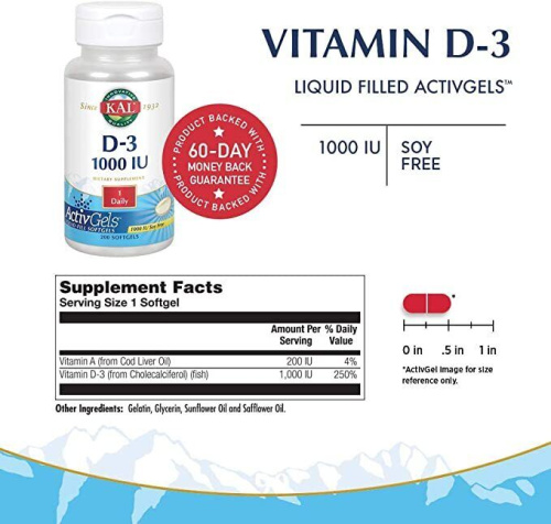 Vitamin D-3 25 mcg (1000 IU) ActivGels Витамин Д-3 25 мкг (1000 МЕ) 200 мягких капсул (KAL) фото 3