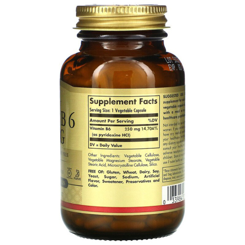 Solgar Витамин В6 (Пиридоксин гидрохлорид) 250 мг. 100 вегетарианских капсул фото 2