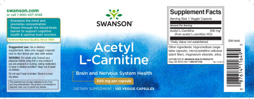 Acetyl L-Carnitine 500 mg (Ацетил L-карнитин 500 мг) 100 вег капсул (Swanson) фото 3