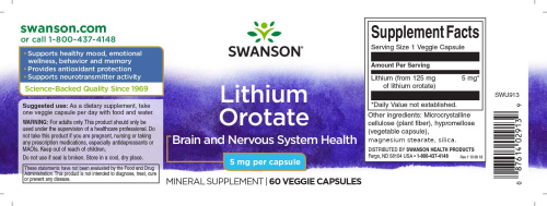 Lithium Orotate 5 mg (Литий Оротат 5 мг) 60 вег капсул (Swanson) фото 3