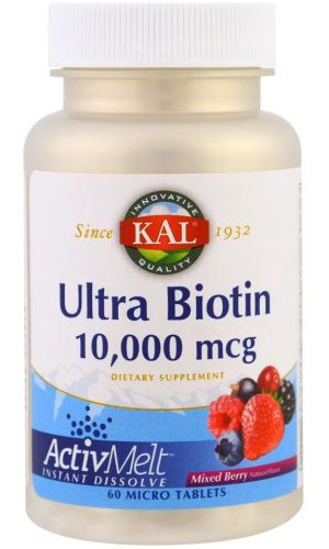 KAL Ultra Biotin ActivMelt (Ультра Биотин, B7) 10000 мкг. 60 микротаблеток со вкусом ягод