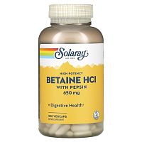 Solaray High Potency Betaine HCl with Pepsin (Высокоэффективный бетаин гидрохлорид с пепсином) 650 мг. 250 растительных капсул