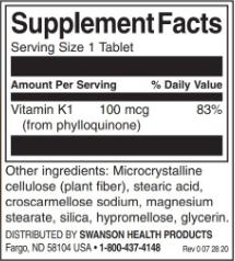 Vitamin K-1 100 мкг (Витамин К-1) 100 таблеток (Swanson) фото 2 Vitamin K-1 100 мкг (Витамин К-1) 100 таблеток (Swanson) фото 2