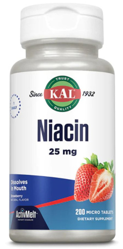 KAL Niacin ActivMelt (Ниацин, B3) 25 мг. 200 микротаблеток со вкусом клубники