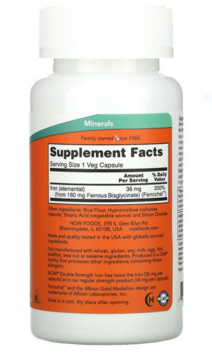 Now Foods Iron Double Strength (Железо двойной силы) 36 мг. 90 растительных капсул фото 2
