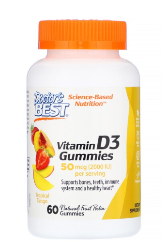Doctor's Best Жевательные таблетки с витамином D3 со вкусом тропических фруктов 50 мкг 60 шт