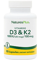 NaturesPlus Витамины D3 & K2 1000 IU (25 мкг) / 100 мкг. 90 капсул