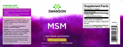 MSM 1000 mg (Метилсульфонилметан 1000 мг) 240 капсул (Swanson) фото 2