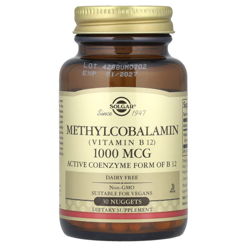 Solgar Cублингвальный метилкобаламин (Витамин B12, Methylcobalamin) 1000 мкг. 30 жевательных таблеток