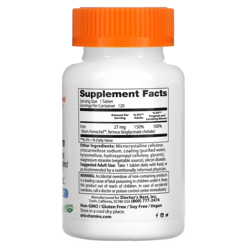 Doctor's Best High Absorption Iron 100% Chelated with Ferrochel (Легкоусвояемое железо) 27 мг. 120 таблеток фото 2