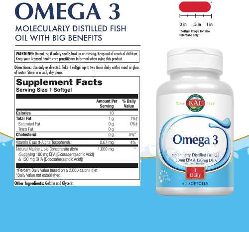 KAL Omega 3 Fish Oil (Омега 3, молекулярно дистиллированный рыбий жир) 180 EPA/120 DHA 60 мягких капсул фото 2