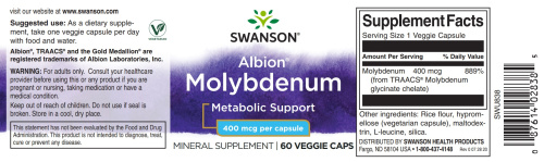 Molybdenum 400 mcg Albion (Хелатированный молибден 400 мкг) 60 вег капс (Swanson) фото 4