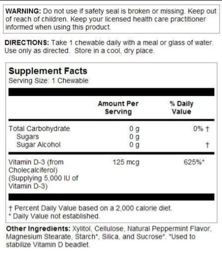 Vitamin D-3 125 mcg (5000 IU) Витамин Д-3 125 мкг (5000 МЕ) 60 жевательных таблеток (KAL) фото 2