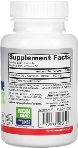 L-Carnitine 500 (L-карнитин 500 мг) 50 растительных капсул (Jarrow Formulas) фото 2