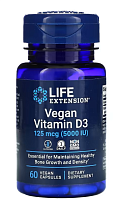 Life Extension Vegan Vitamin D3 (Веганский витамин D3) 125 мкг. (5000 IU) 60 растительных капсул 