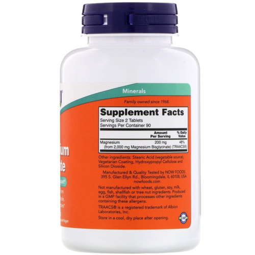 Now Foods Глицинат магния (Magnesium Glycinate) 200 мг. 180 таблеток фото 2