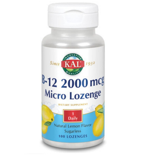 KAL Витамин B-12 (Цианокобаламин) 2000 мкг. Micro Lozenge 100 микропастилок со вкусом лимона