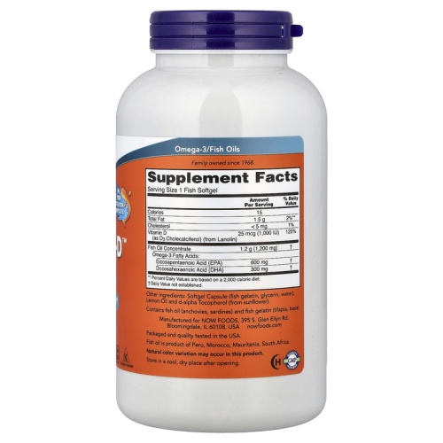 Now Foods Ultra Omega 3-D + Vitamin D3 600 EPA / 300 DHA 180 капсул из рыбьего желатина фото 2