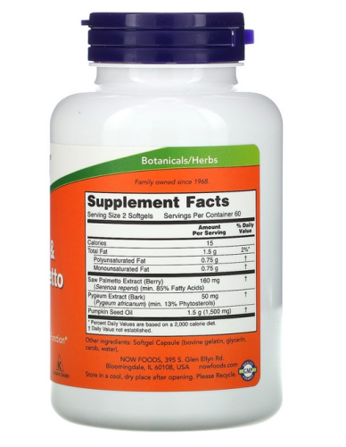 Now Foods Pygeum & Saw Palmetto with Pumpkin Seed Oil (Пиджеум и Со Пальметто с маслом тыквенных семян) 120 мягких капсул
 фото 2