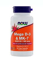 Now Foods Mega D3 & MK-7 180 мкг. (5000 МЕ) 60 растительных капсул