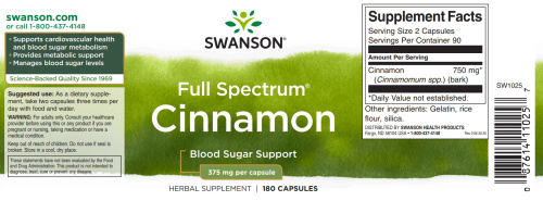 Full Spectrum Cinnamon 375 mg (Кора Корицы) 180 капсул (Swanson) фото 2