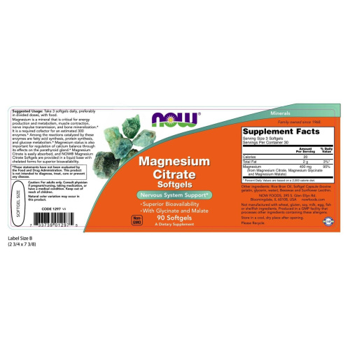 Now Foods Magnesium Citrate Softgels (Магний цитрат) 134 мг. 90 мягких капсул  фото 2
