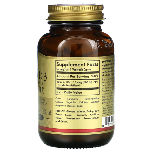 Solgar Витамин D3 (Холекальциферол) 600 МЕ 15 мкг. 120 вегетарианских капсул фото 2