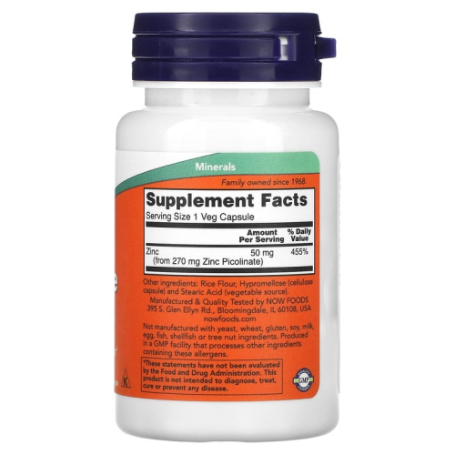 Now Foods Zinc Picolinate (Пиколинат цинка) 50 мг. 60 растительных капсул фото 2