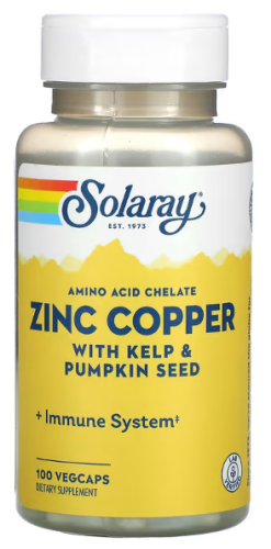 Solaray Amino Acid Chelate Zinc Copper with Kelp & Pumpkin Seed (Цинк и медь с бурыми водорослями и тыквенными семечками) 100 растительных капсул