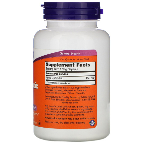 Now Foods Альфа-липоевая кислота (Alpha Lipoic Acid) 250 мг. 120 растительных капсул фото 2