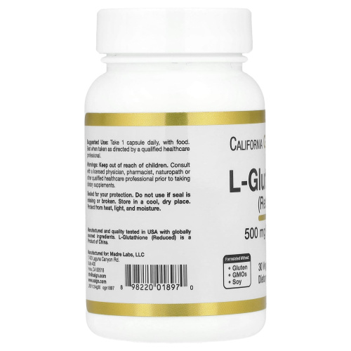 L-Glutathione (Reduced) 500 mg (Глутатион восстановленный) 30 вег капсул (California Gold Nutrition) фото 3