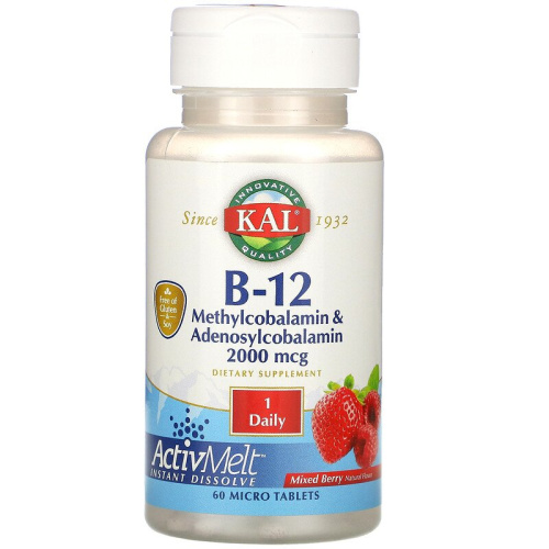 B-12 methylcobalamin 1000 мкг & Adenosylcobalamin 1000 мкг 60 таблеток с ягодным вкусом (KAL)