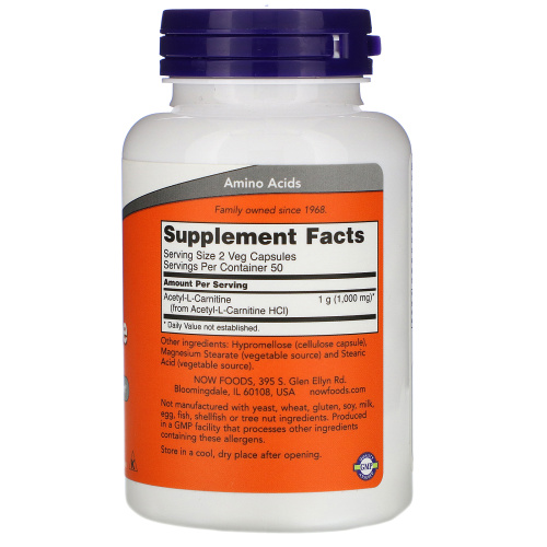 Now Foods Ацетил-L-Карнитин (Acetyl L-Carnitine) 500 мг. 100 вегетарианских капсул фото 2