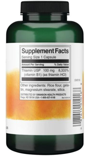 Vitamin B1 100 mg (Thiamin) 250 капсул (Swanson) фото 3