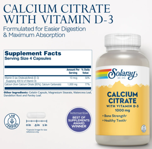 Calcium Citrate 1000 mg with Vitamin D-3 (Цитрат кальция 1000 мг) 90 капсул (Solaray) фото 3