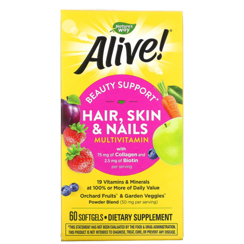 Alive! Hair, Skin & Nails Multivitamin (витамины для волос, кожи и ногтей) 60 капсул (Nature's Way)