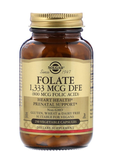 Folic Acid Фолиевая кислота 800 мкг 250 растительных капсул (Solgar)