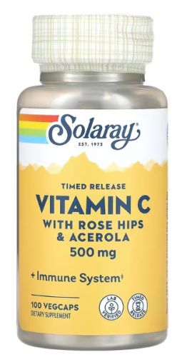 Solaray Vitamin C with Rose Hips & Acerola (Витамин C, с шиповником и ацеролой медленного высвобождения) 500 мг. 100 растительных капсул