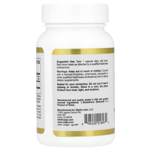 L-Glutathione (Reduced) 500 mg (Глутатион восстановленный) 30 вег капсул (California Gold Nutrition) фото 4