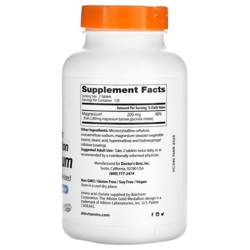 Doctor's Best High Absorption Magnesium Lysinate Glycinate 100% Chelated (Магний с высокой абсорбцией, Лизинат глицинат 100% хелатный) 100 мг. 240 таблеток фото 3