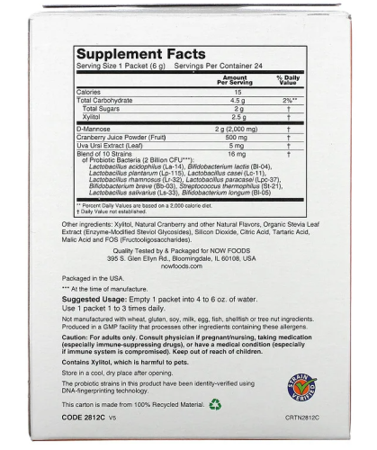 Cranberry & Mannose with Probiotics (Клюква, манноза и пробиотики) 24 пакета по 6 г (Now Foods)_ фото 2
