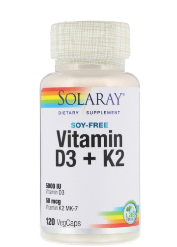 Vitamin D3 + K2 (MK-7) 125 mcg / 50 mcg (Витамин Д3 5000 МЕ + К2) 120 вег капс (Solaray) фото 2