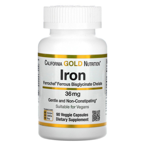 Iron Ferrochel (железо бисглицинат) 36 мг 90 капсул (California Gold Nutrition)