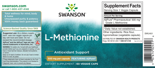 L-Methionine 500 mg AjiPure® (L-Метионин 500 мг) 60 вег капсул (Swanson) срок 12/2023 фото 3