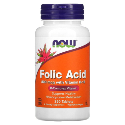 Now Foods Folic Acid 800 мкг. with Vitamin B-12 (Фолиевая кислота с Витамином B-12) 250 таблеток
