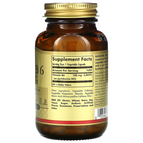 Vitamin B-6 Piridoxine HCI 100 мг (Витамин Б-6 Пиридоксин) 100 вегетарианских капсул (Solgar) фото 2